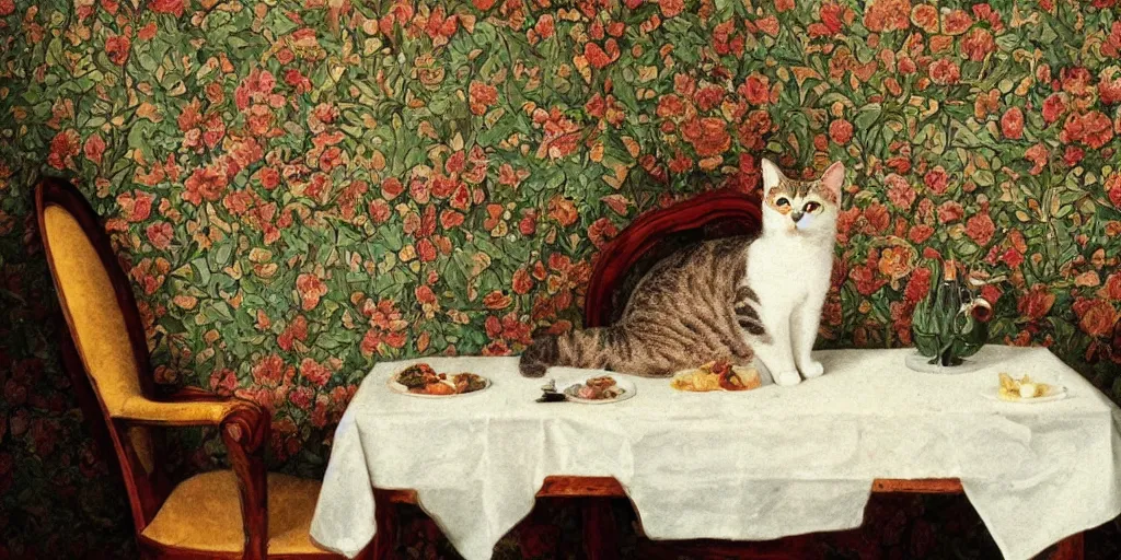 Image similar to portrait of a cat on a chair at a coffee table full of food, flowery wallpaper, beautiful sunny day, 1 8 8 0 s style