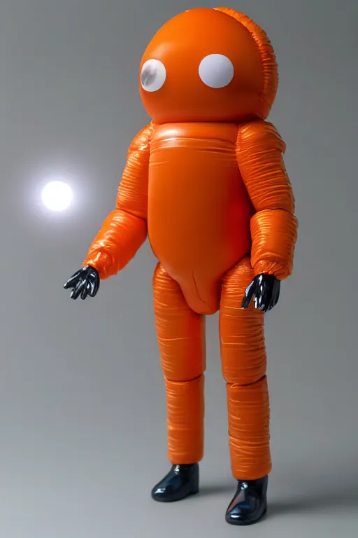 Prompt: still slander figurine of a tall giant inflated space man action figure wearing over sized orange puffy bomber jacket, long bendy arms, googly eyes, tareme eyes, small head, personification, dynamic pose, detailed product photo, tone mapped, beautiful composition, 8 5 mm, f 5. 8, soft lighting