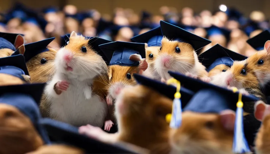 Prompt: A professional photo of a graduate hamster doing a speech in front of other hamsters in the hamsters' academy, HD, professional photography, sharp focus, cinematic lighting, enhanced colors, Flickr, award winning