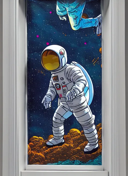Image similar to seen through a window, futuristic astronaut floating in space, james jean artwork, colourful