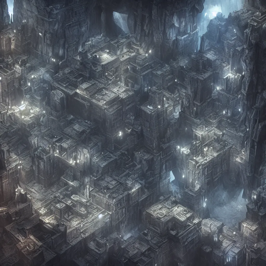 Image similar to inception lovecraft city carved from rock underground another inverted upside down above, artstation, cinematic warm volumetric lighting