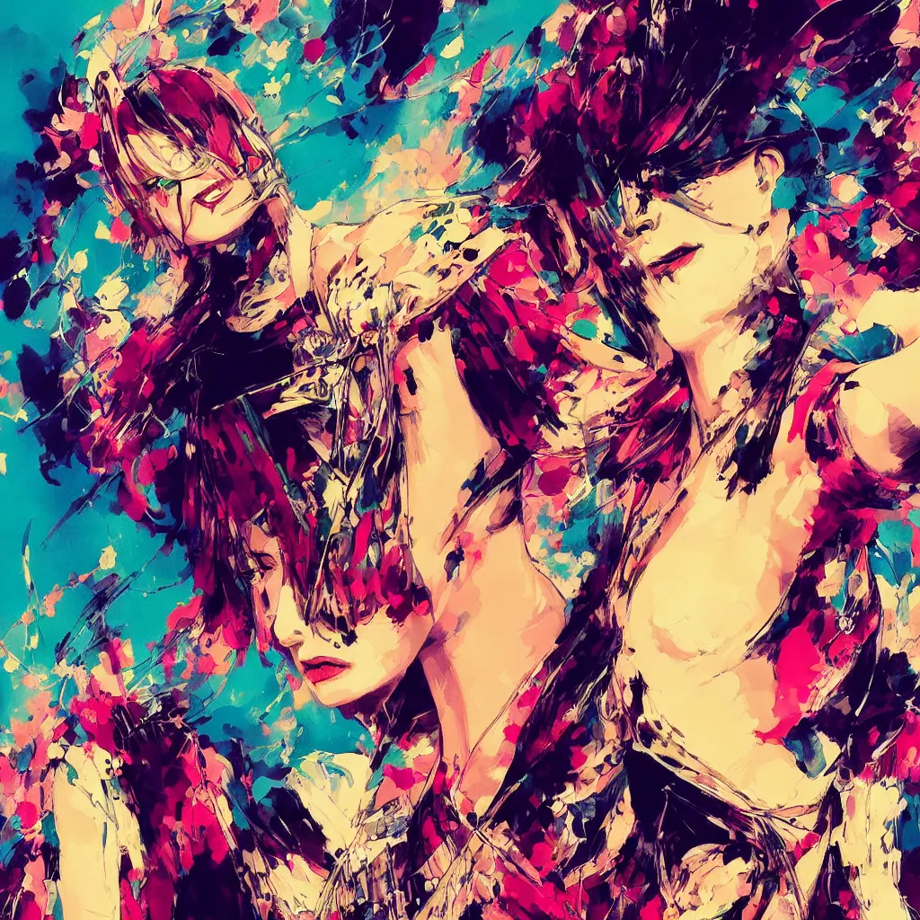 Prompt: an ultra detailed beautiful painting of a stylish woman with colorful haute couture dress, concert poster, retro, yoji shinkawa, conrad roset, greg rutkowski