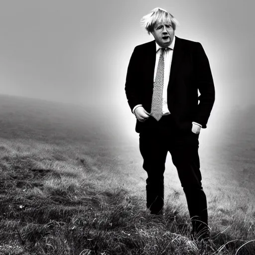 Image similar to Boris Johnson with a wide grin standing on a hill with a dead bodies in the background, black and white, creepy lighting, foggy atmosphere, scary, horror, ornate, eerie, fear