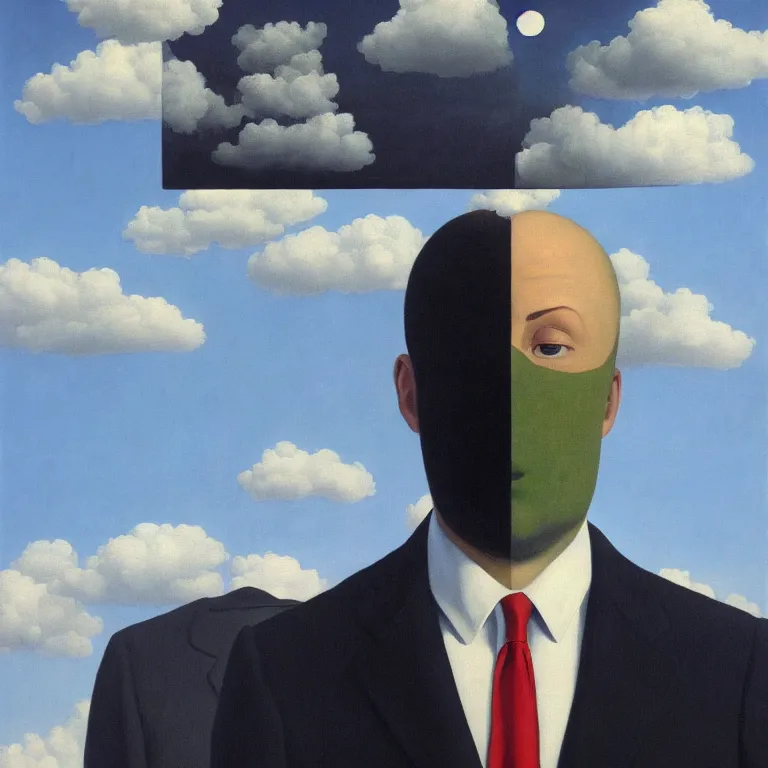 Prompt: portrait of a faceless reflective water - head man in a suit, clouds in the background, by rene magritte, detailed painting, distance, middle centered, hd, hq, high resolution, high detail, 4 k, 8 k