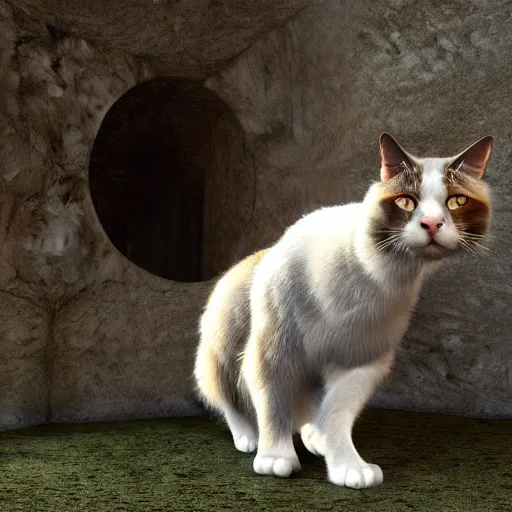 Image similar to a prehistoric calico house cat, octane render