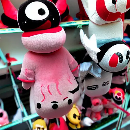 Image similar to haunting plushies being sold at an amusement park, devilish, nightmare fuel, scary, cursed, evil, dark