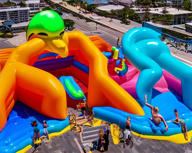 Image similar to a long shot of a giant award winning sculpture made out of tons of inflatable pool toys in the shape of a human head, on the surface of the ocean, in the style of chad knight, hyper detailed, hyper realistic, ray tracing, 8 k resolution, sharp focus, realistic water