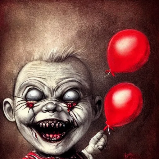 Prompt: surrealism grunge cartoon portrait sketch of chucky with a wide smile and a red balloon by - michael karcz, loony toons style, freddy krueger style, horror theme, detailed, elegant, intricate