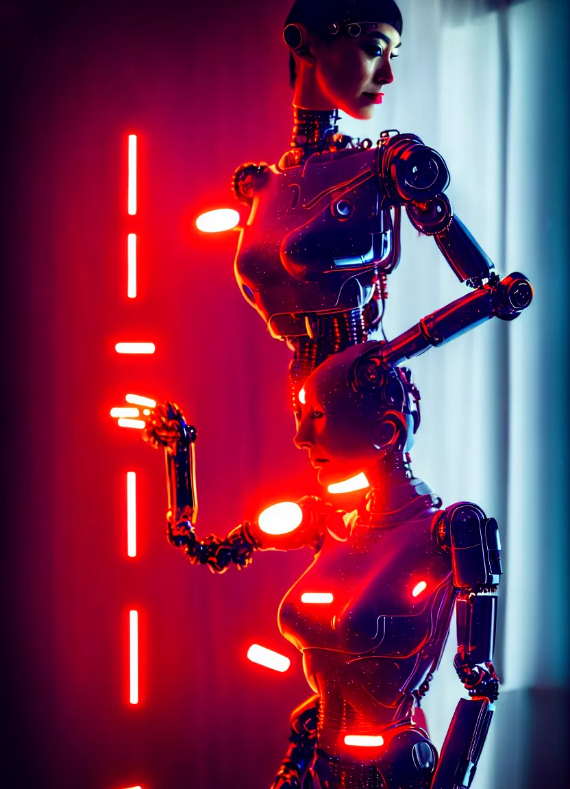 Prompt: woman, android, female robot, cyberpunk, artificial limbs, circuit, mechanisms, tattoos, neon light, hard light, glamour, vogue photoshoot, fashion, lens flare, long dress, red dress, raindrops, rain, wet, wet fabric, make - up, leaky make - up, red lipstick