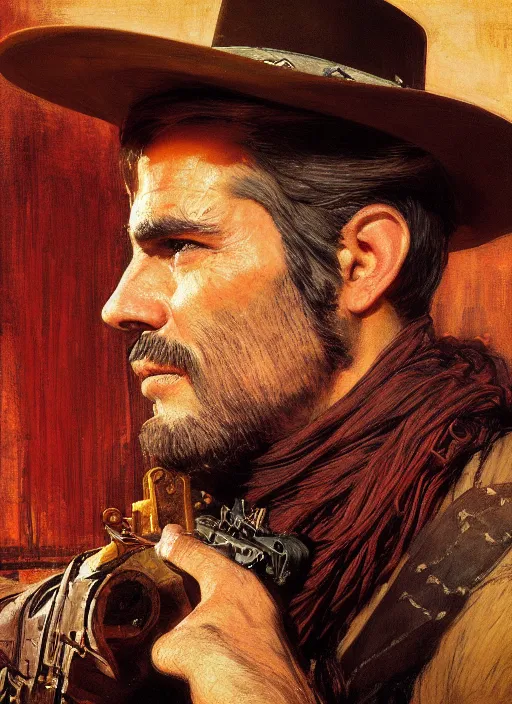 Image similar to Old west smug gunslinger (rdr2, laurie greasley). Iranian orientalist portrait by john william waterhouse and Edwin Longsden Long and Theodore Ralli and Nasreddine Dinet, oil on canvas. Cinematic, hyper realism, realistic proportions, dramatic lighting, high detail 4k