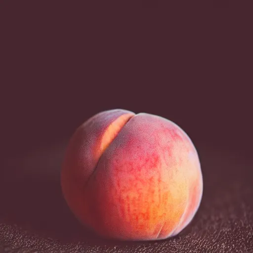 Image similar to a macro photo of a round peach's dry hairy skin, hyper realistic, hyper detailed, 35mm, very grainy film, pink volumetric studio lighting, bokeh, black background award winning shot, vogue magazine, cinematic, 8k, very closeup, elegant, tender, pastel