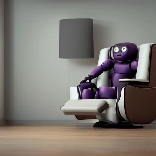 Image similar to futuristic lonely matte brown and red full-body humanoid robot with two huge round expressive sad purple glowing LED eyes and open rectangular mouth sitting on a large comfortable cushioned 1950s vintage recliner reading a newspaper. open newspaper. Cinematic Movie Photograph, Arri Alexa, Extremely Detailed, smooth, very very clean, 8K, octane render, maya render, unreal engine, trending on artstation, DSLR, excellent composition, center frame