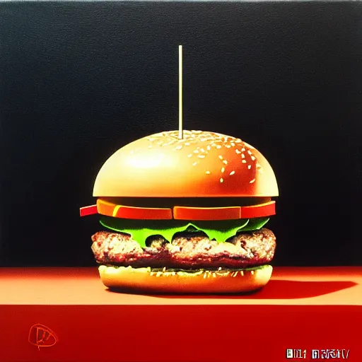 Image similar to painting of a burger with a mouth in the style of beksinski