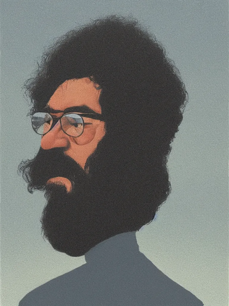 Image similar to professional painting of Jerry Garcia in the style of Quint Buchholz, head and shoulders portrait, symmetrical facial features, smooth, sharp focus, illustration, intricate, stormy weather, extremely detailed masterpiece,