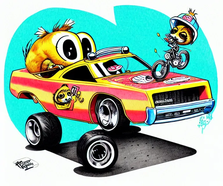 Image similar to cute and funny, racoon wearing a helmet riding in a tiny 1 9 7 4 mercury cougar funny car, ratfink style by ed roth, centered award winning watercolor pen illustration, isometric illustration by chihiro iwasaki, edited by range murata