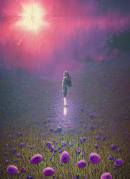 Image similar to detailed, intricate blue black and purple papaverum flower on the field, nebula, galaxy in the sky, winning award masterpiece, fantastically beautiful, illustration, aestheticly inspired by beksinski and dan mumford, upscale with simon stalenhag work, artstation, 8 k