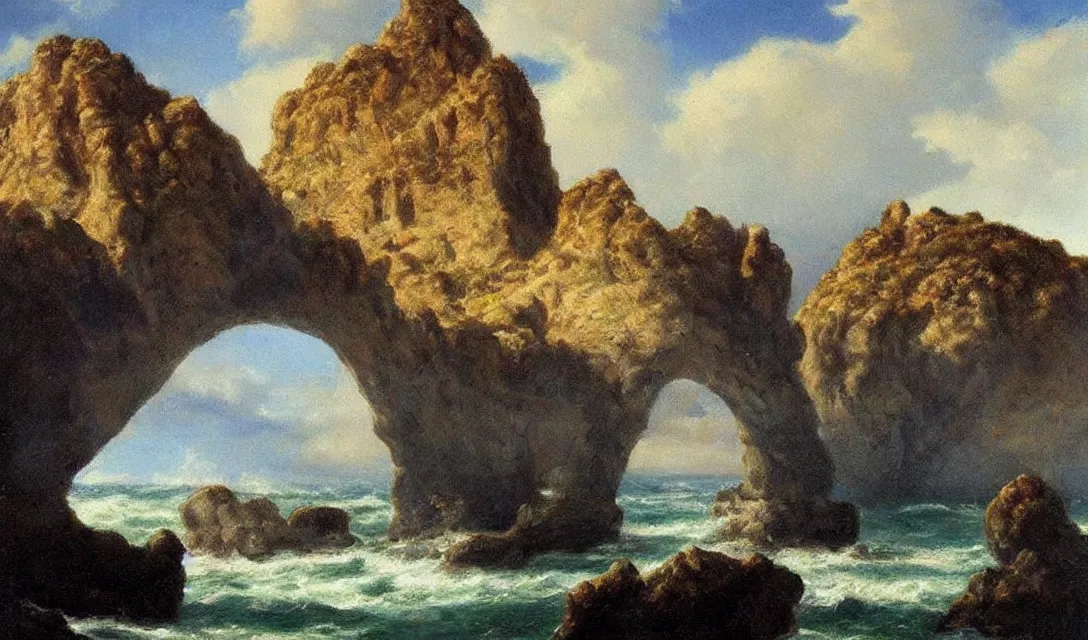 Image similar to romantic! dramatic, painting of the rocher perce!!! with two arches!!!, by carlos de haes!