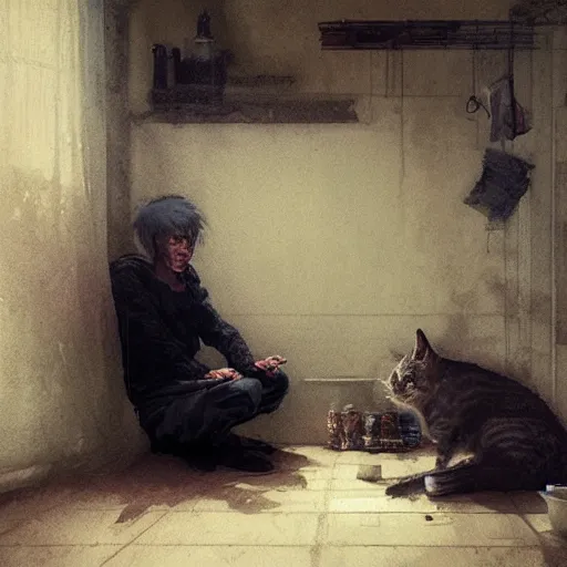 Prompt: city hermit hikikomori in russia eats pilaf and pets a cat in his room art by greg rutkowski