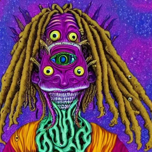 Image similar to a monster with two sharp heads with dreadlocks that look sternly at each other, it has several eyes and scales on the misshapen body, psychedelic cosmic horror