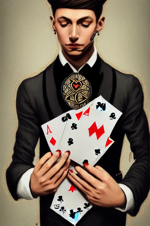 Image similar to modern street magician holding a playing card, realistic, modern, magicians eyes are covered with hankerchief, intricate, elegant, highly detailed, digital painting, artstation, concept art, addiction, smooth, sharp focus, illustration, art by ilja repin