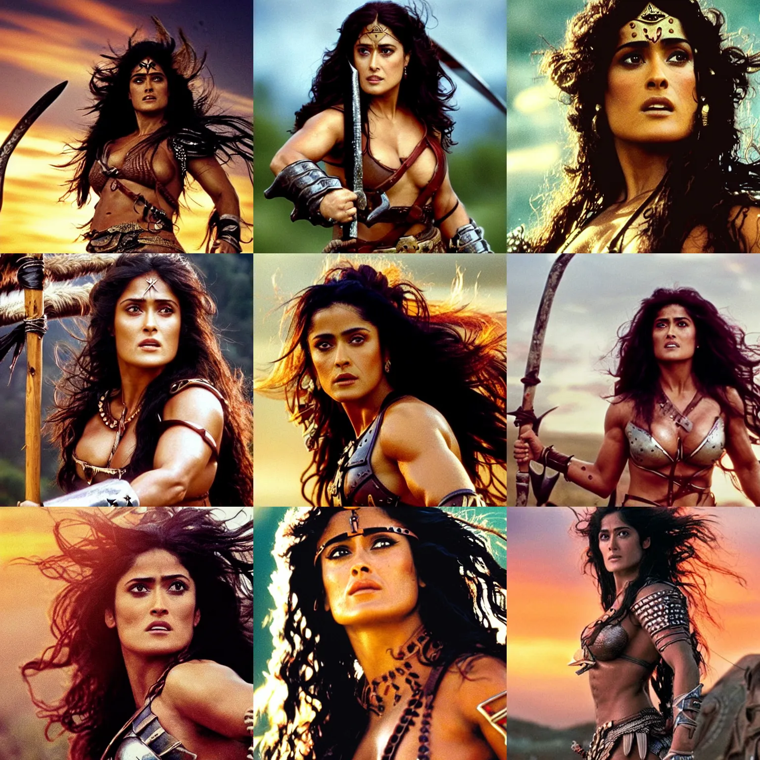 Prompt: epic photo of muscular salma hayek as beautiful barbarian warrior princess with long curly black hair blowing in the wind in a battle scene, sweaty, detailed eyes, neutral expression, shallow depth of field, photorealistic, cinematic lighting, lovely bokeh, warm colours, sunset south, movie quality, the red sonya 1 9 8 5, movie still
