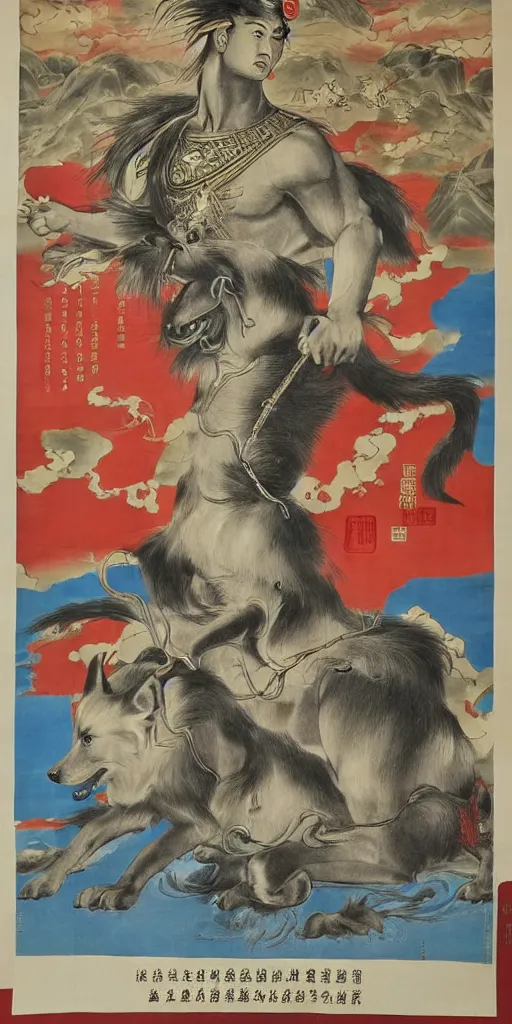 Image similar to chinese propaganda poster with dog as a god as the centerpiece, detailed face, gorgeous, amazing, flowing hair, very muscular male body, caesar victorious, proud emperor, crepuscular ray, intricate, highly detailed