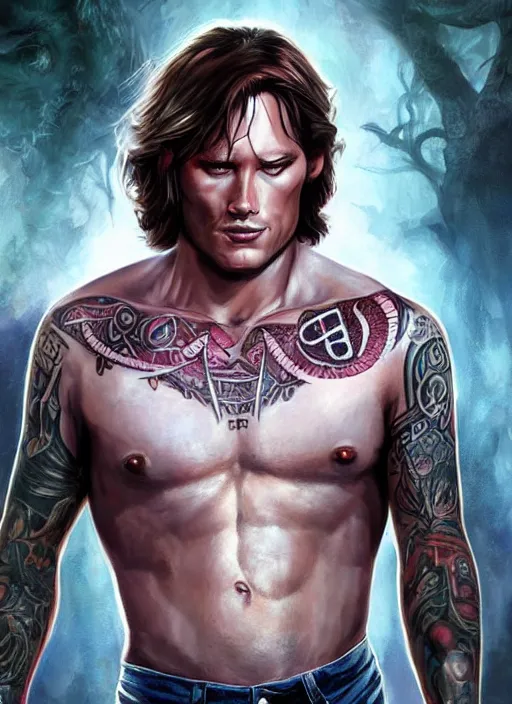 Prompt: handsome! Sam Winchester as a muscular whole body tattooed with runes and religious symbols, urban fantasy romance book cover, D&D!, fantasy style, sharp focus!, ultra detailed, art by Artgerm and Peter Andrew Jones, WLUP