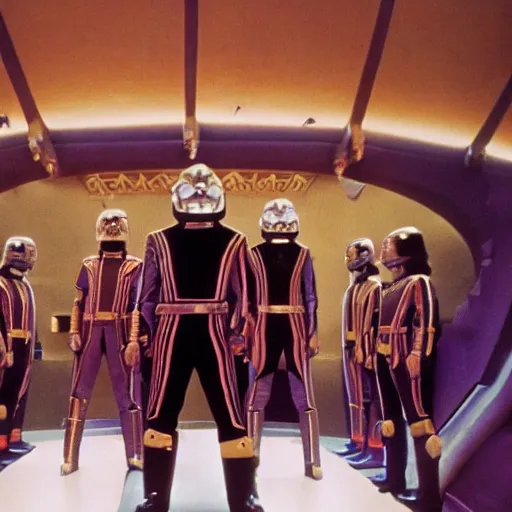 Image similar to Jodorowsky's Dune movie, cinema still, photo realistic, emperor's throne room with guards wearing helmets, in focus faces, colorful uniforms, extremely detailed and sharp, wide angle, 8k, cinestill 400t film