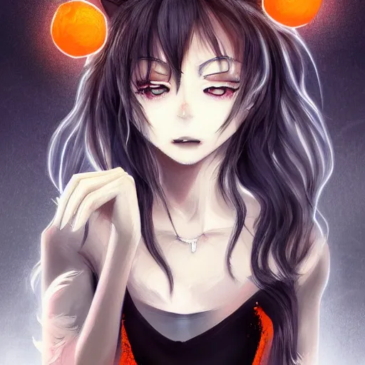 Image similar to anime wolf girl with wild black hair, glowing orange eyes and charcoal skin wearing a t-shirt and jeans, digital art, art station, illustration, highly detailed, artwork