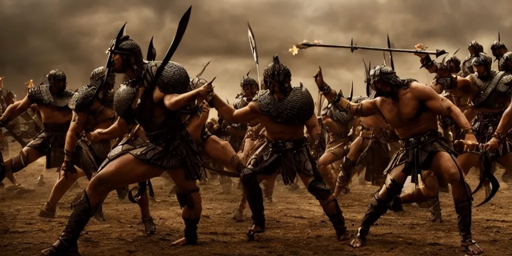 Image similar to epic battle screen of hero, film still from the movie'3 0 0'( 2 0 0 6 ), 3 d, 8 k realistic, cryengine, playstion 5 screen, cinematic lighting