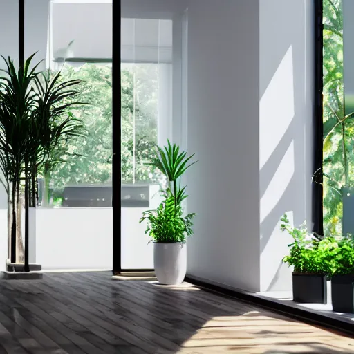 Prompt: a modern indoor room, clean architecture, some plants, peaceful, 8K octane render