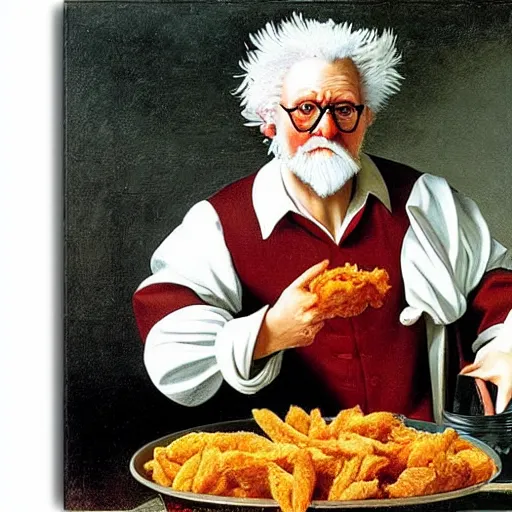 Image similar to Colonel Sanders eating fried chicken out of a red bucket. Painted by Caravaggio, high detail