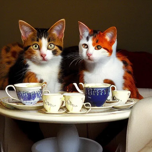 Prompt: 3 cats ( two calico and one tabby ) enjoying fancy english tea together, flickr explore