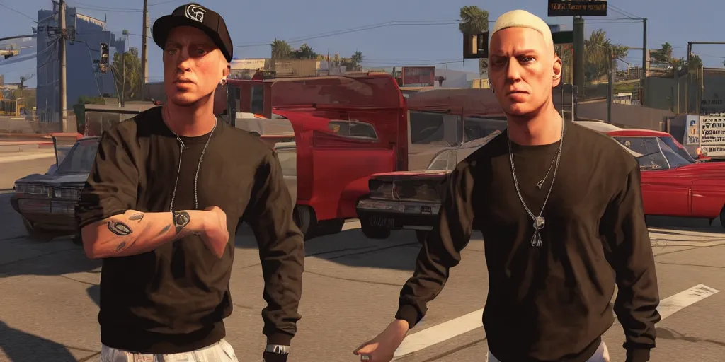 Image similar to eminem in gta v, cover art by stephen bliss, loading screen