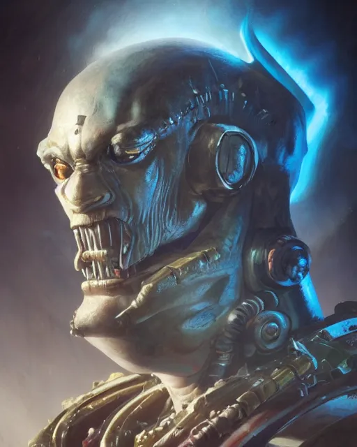 Image similar to hyper realistic portrait of warhammer android head, cinematic, chaos marine, tzeentch, artstation, cgsociety, full head and shoulders, greg rutkowski, james gurney, mignola, craig mullins, brom