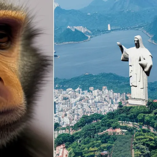 Image similar to high quality portrait of a monkey in front of Christ The Redeemer, studio photograph, photograph, realistic photo, 8k photo, 4k photo, stock photo, high resolution, cinematic shot, high detail