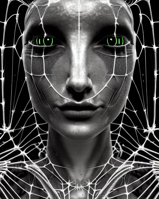 Prompt: black and white cyborg-plant goddess high quality photo, artificial intelligence, bio-mechanical bio-luminescence, artificial spider web, neurons, nerve cells, octane render, cinematic, hyper realism, photo-realistic, high detail, 8k, in the style of Steven Meisel and Dora Maar and H.G. Giger
