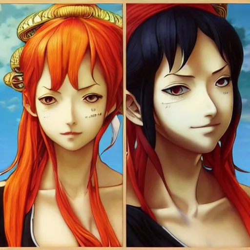 Prompt: intricately detailed vfx portrait of nami from one piece by eiichiro oda!, makoto shinkai, alphonse mucha, art by artgerm and greg rutkowski!, best of behance, concept art, matte, sharp focus, orange hair, adolphe bouguereau, annie leibovitz, stanley kubrick,