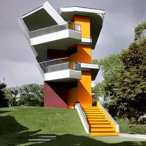 Image similar to postmodern house with mc escher like stairs, realistic award - winning architecture photograph