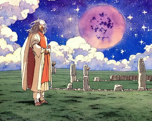 Image similar to a hyperrealist studio ghibli watercolor fantasy concept art of a giant long haired medieval monk with his heads down in lotus position in stonehenge with a starry sky in the background. a giant rocket ship from independence day ( 1 9 9 6 ) is floating in the air. by rebecca guay, michael kaluta, charles vess