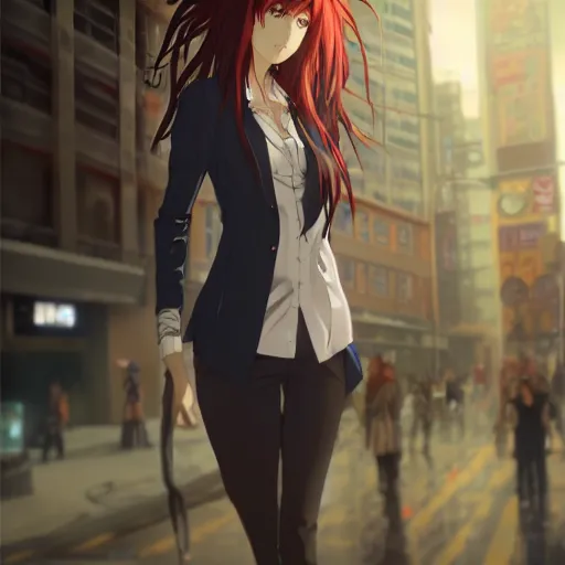Prompt: kurisu makise steins gate in cyberpunk city, anime atmospheric, ultra realistic, standing, elegant, super highly detailed blue eyes, red tie, professional digital painting, artstation, concept art, 8k, art by wlop, artgerm and alphonse mucha and eiichiro oda