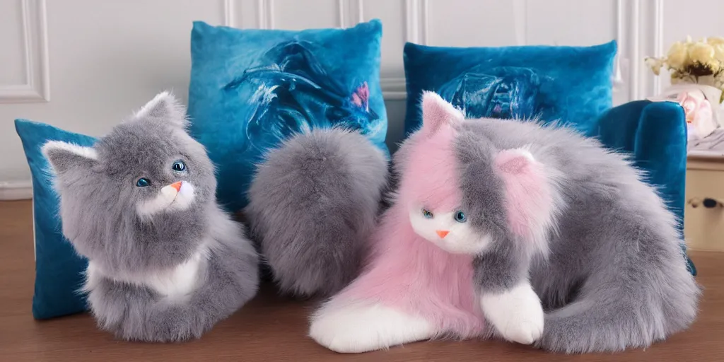 Prompt: 3 d precious moments plush cat with realistic fur and an blue / white / gray / green / pink / tan / mid pink / blue gray color scheme, snowy mountain landscape, dark lord, occult, master painter and art style of john william waterhouse and caspar david friedrich and philipp otto runge