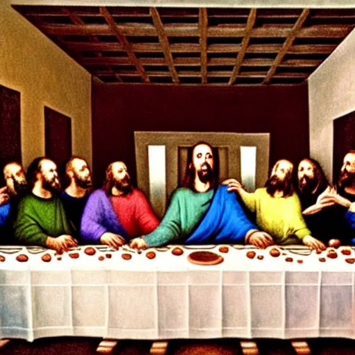 Image similar to nic cage in the last supper as painted by george w bush