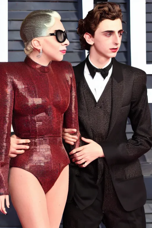 Image similar to timothee chalamet and lady gaga holding hands on the red carpet, beautiful detailed faces