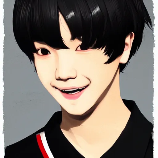 Image similar to a headshot of a very happy bts jimin closed smile - short black hair wearing male school uniform, sharp focus, illustration, morandi color scheme, art station, high detailed, by ilya kuvshinov, gorillaz art