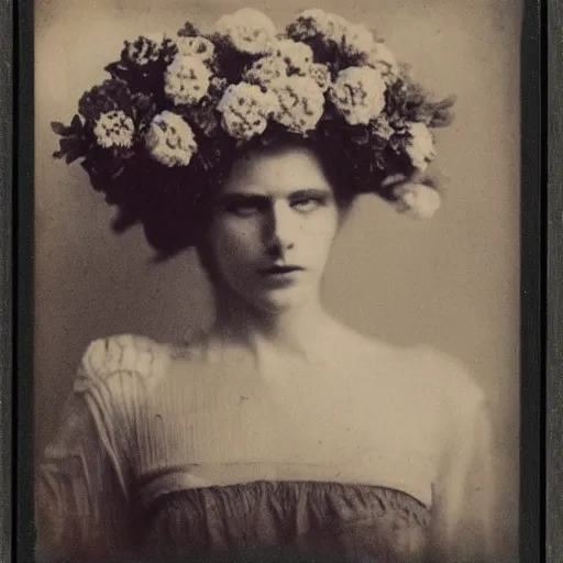 Image similar to portrait of a beautiful woman corpse covered in flowers, 1910 polaroid photography,