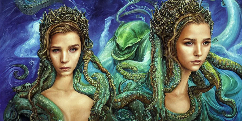 Image similar to Fantasy fairytale style portrait painting, Great Leviathan Turtle, cephalopod, Cthulhu Squid, hybrid, Mythic Island, center Universe, accompany Cory Chase, Blake Lively, Anya_Taylor-Joy, Grace Moretz, Halle Berry, Mystical Valkyrie, Anubis-Reptilian, Atlantean Warrior, hybrid, intense fantasy atmospheric lighting, hyperrealistic, William-Adolphe Bouguereau, François Boucher, Michael Cheval, Oil Painting, Cozy, hot springs hidden Cave, candlelight, natural light, lush plants and flowers, Spectacular Mountains, bright clouds, luminous stellar sky, outer worlds, Jessica Rossier, michael whelan, Solar Flare HD,