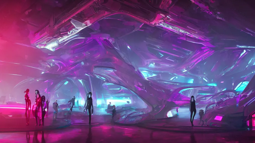 Prompt: sci-fi night club, with exotic female alien gogo dancers standing on platforms, neon lights, fog, smoke and atmosphere, bloom, platforms, faceted shapes, contemporary aesthetic, like concept art on artstation, like zaha hadid