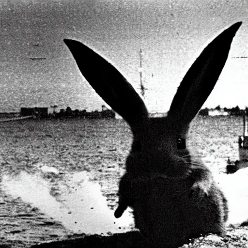 Image similar to a small evil rabbit launching nuclear warheads from a submarine grainy 3 5 mm photo