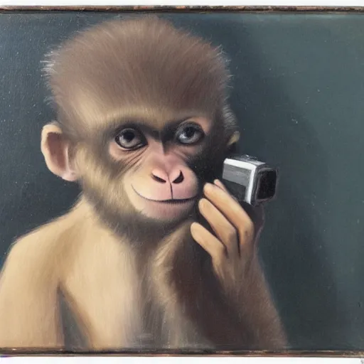 Image similar to Portrait of an Emo monkey holding a camera, oil painting